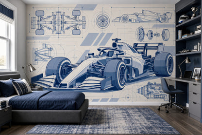 Formula Race Car Blueprint Wallpaper Mural: Navy And Blue Technical Drawing