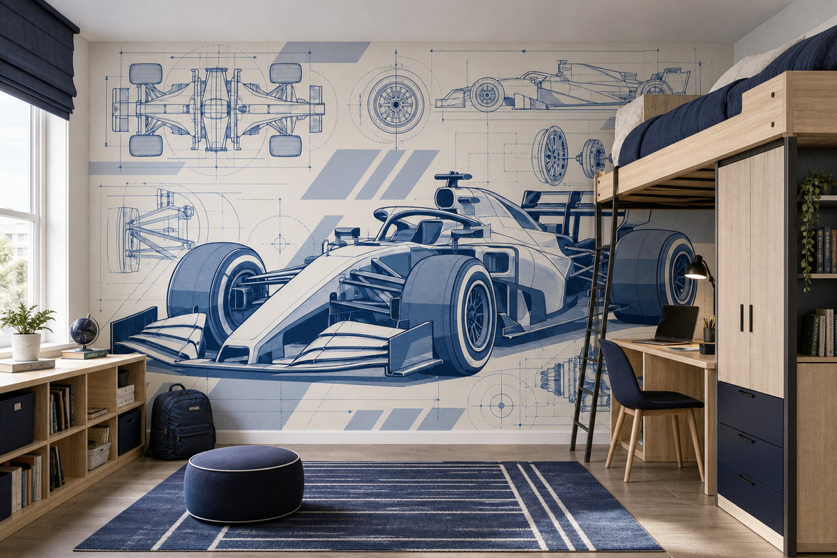 Formula Race Car Blueprint Wallpaper Mural: Navy And Blue Technical Drawing