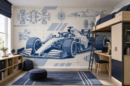 Formula Race Car Blueprint Wallpaper Mural: Navy And Blue Technical Drawing