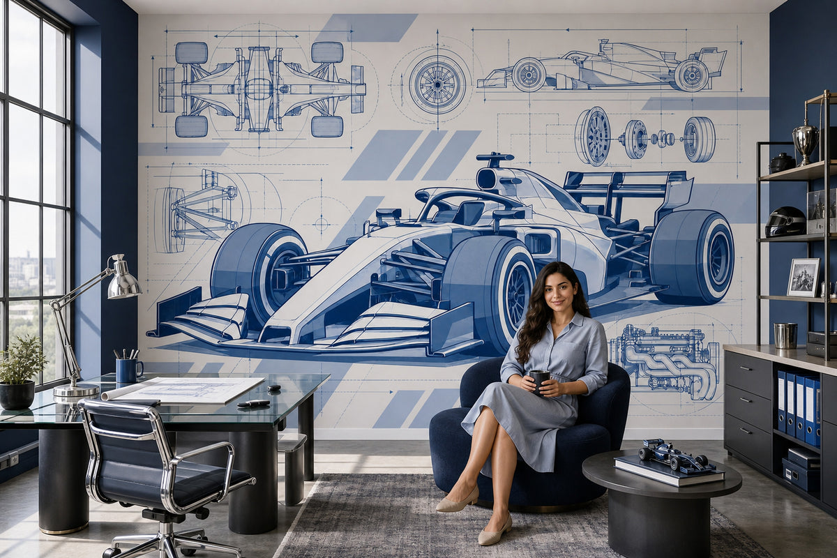 Formula Race Car Blueprint Wallpaper Mural: Navy And Blue Technical Drawing