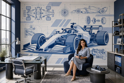 Formula Race Car Blueprint Wallpaper Mural: Navy And Blue Technical Drawing