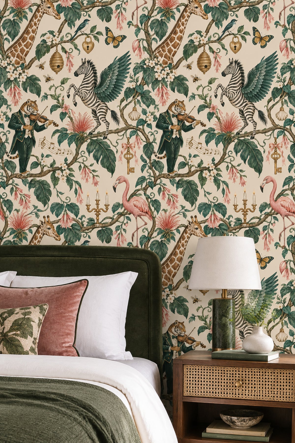 Whimsical Jungle Animals Wallpaper Cream Background Vintage Inspired Botanical