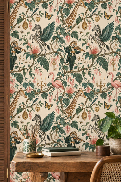 Whimsical Jungle Animals Wallpaper Cream Background Vintage Inspired Botanical