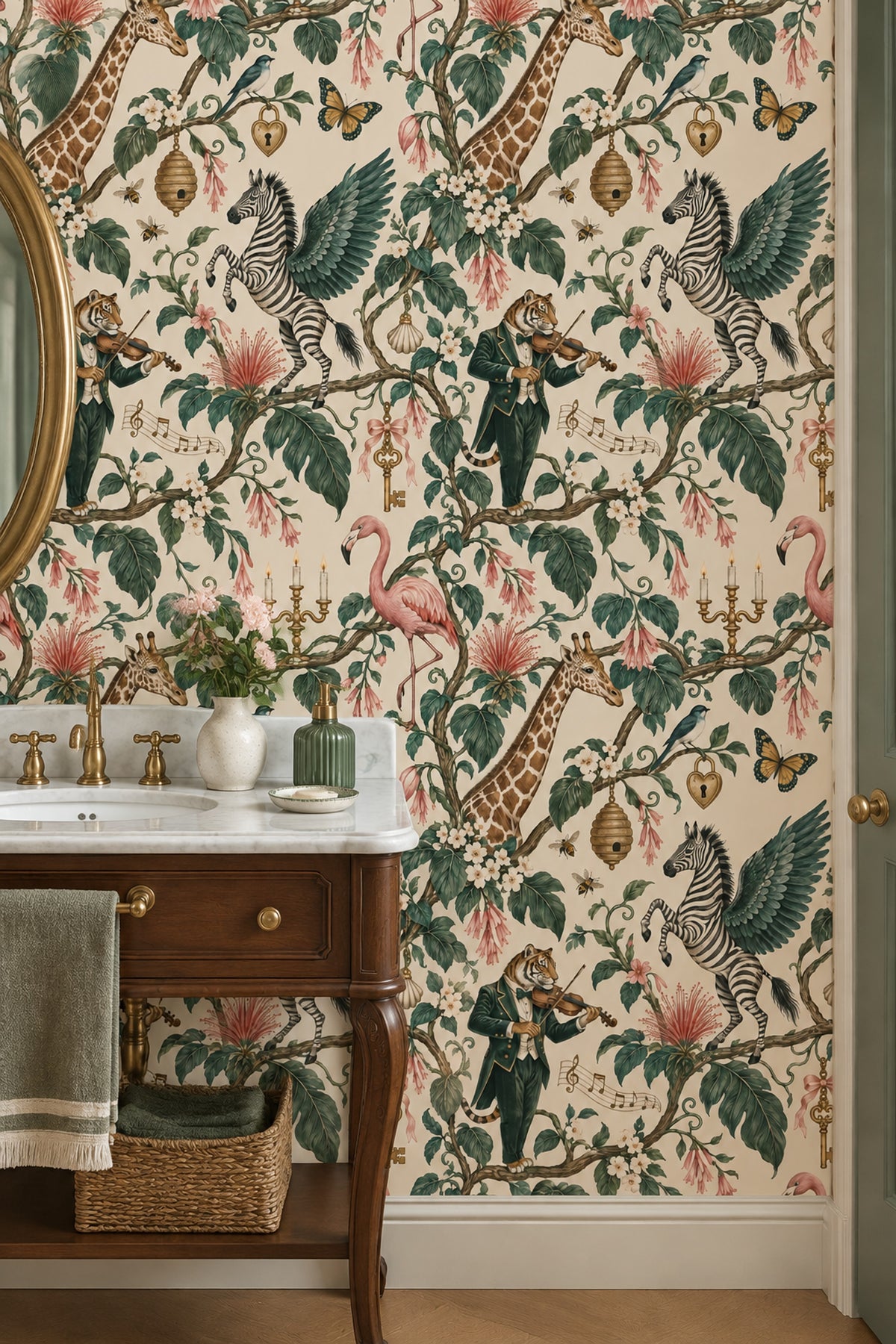 Whimsical Jungle Animals Wallpaper Cream Background Vintage Inspired Botanical