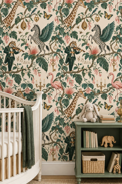 Whimsical Jungle Animals Wallpaper Cream Background Vintage Inspired Botanical
