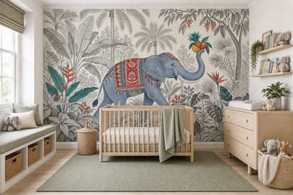 Blue Elephant Jungle Wallpaper Mural White Background Vintage Inspired Engraving Style