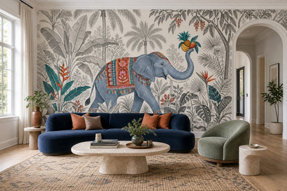 Blue Elephant Jungle Wallpaper Mural White Background Vintage Inspired Engraving Style
