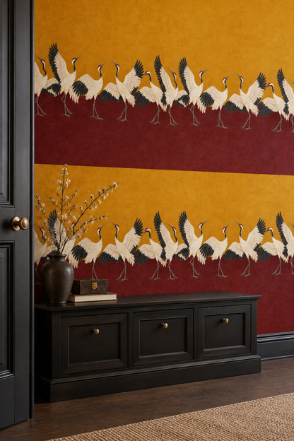 Red Crowned Cranes Wallpaper Gold And Burgundy Blocks