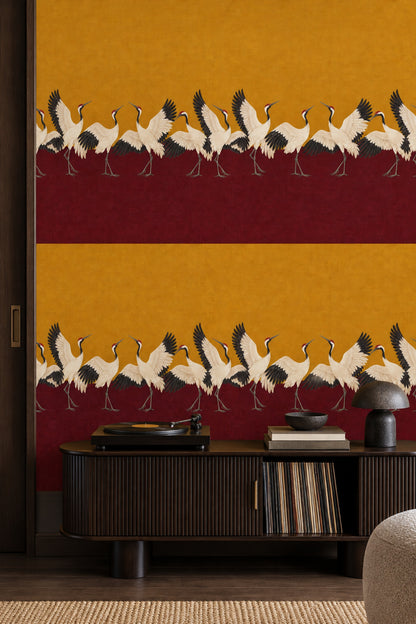 Red Crowned Cranes Wallpaper Gold And Burgundy Blocks