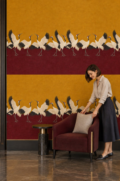 Red Crowned Cranes Wallpaper Gold And Burgundy Blocks