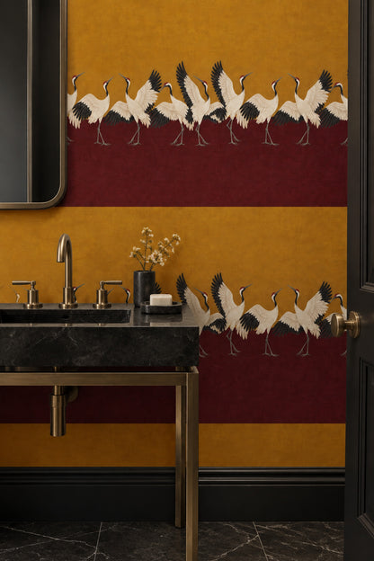 Red Crowned Cranes Wallpaper Gold And Burgundy Blocks