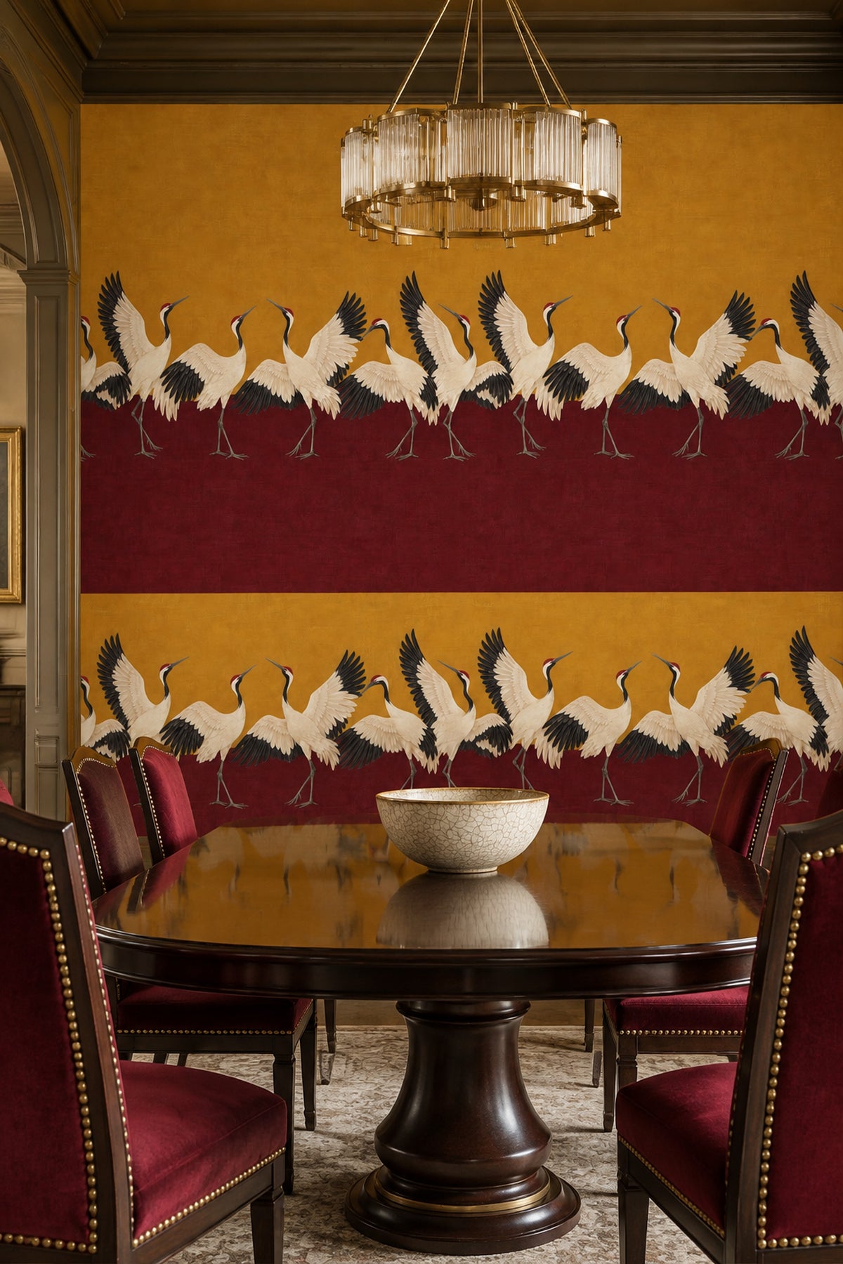 Red Crowned Cranes Wallpaper Gold And Burgundy Blocks