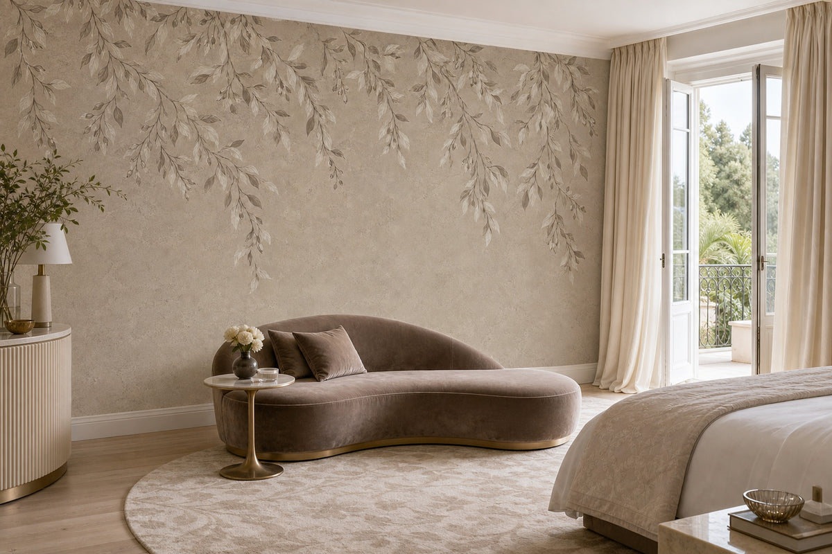 Hanging Leafy Vines Wallpaper Mural In Beige Plaster Texture