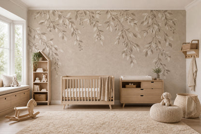 Hanging Leafy Vines Wallpaper Mural In Beige Plaster Texture