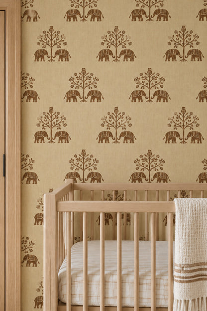 Elephant And Owl Tree Wallpaper Beige Brown Block Print