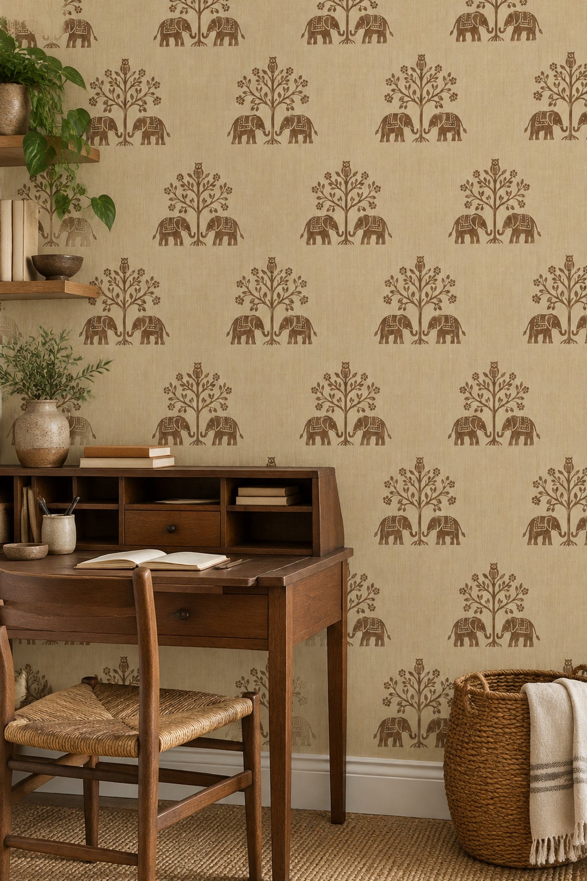 Elephant And Owl Tree Wallpaper Beige Brown Block Print