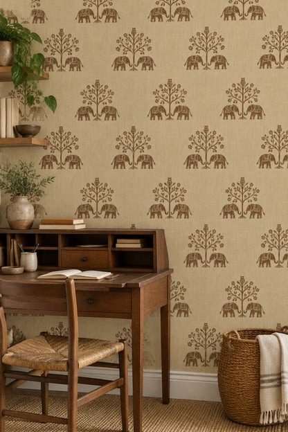 Elephant And Owl Tree Wallpaper Beige Brown Block Print