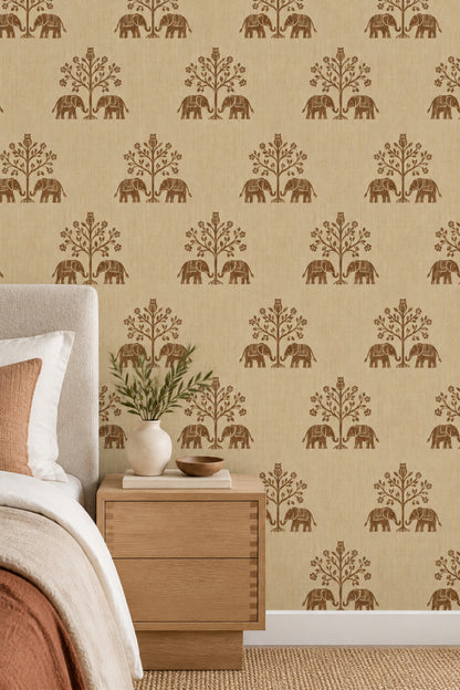 Elephant And Owl Tree Wallpaper Beige Brown Block Print