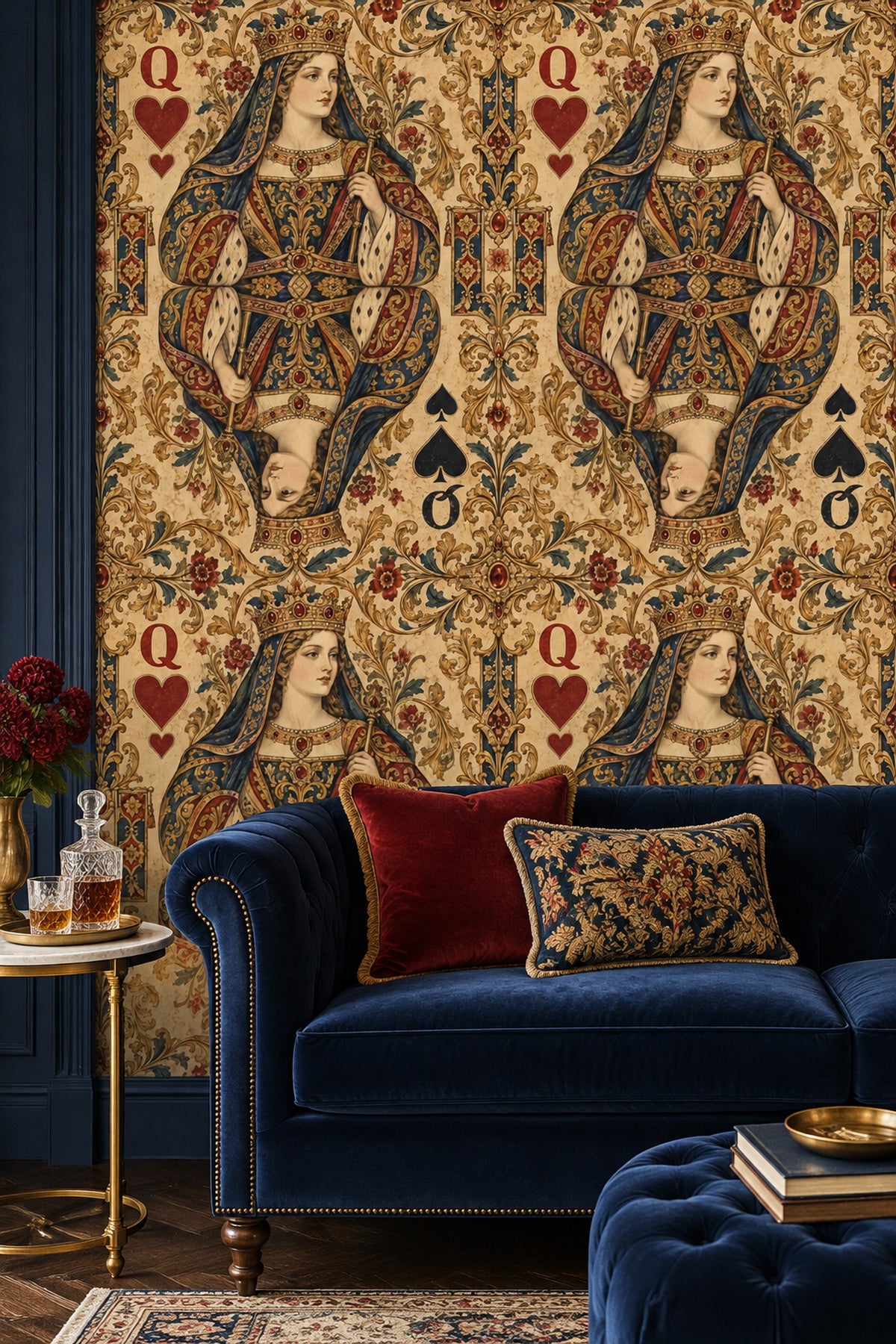 Queen Playing Card Wallpaper Baroque Gold Scrollwork