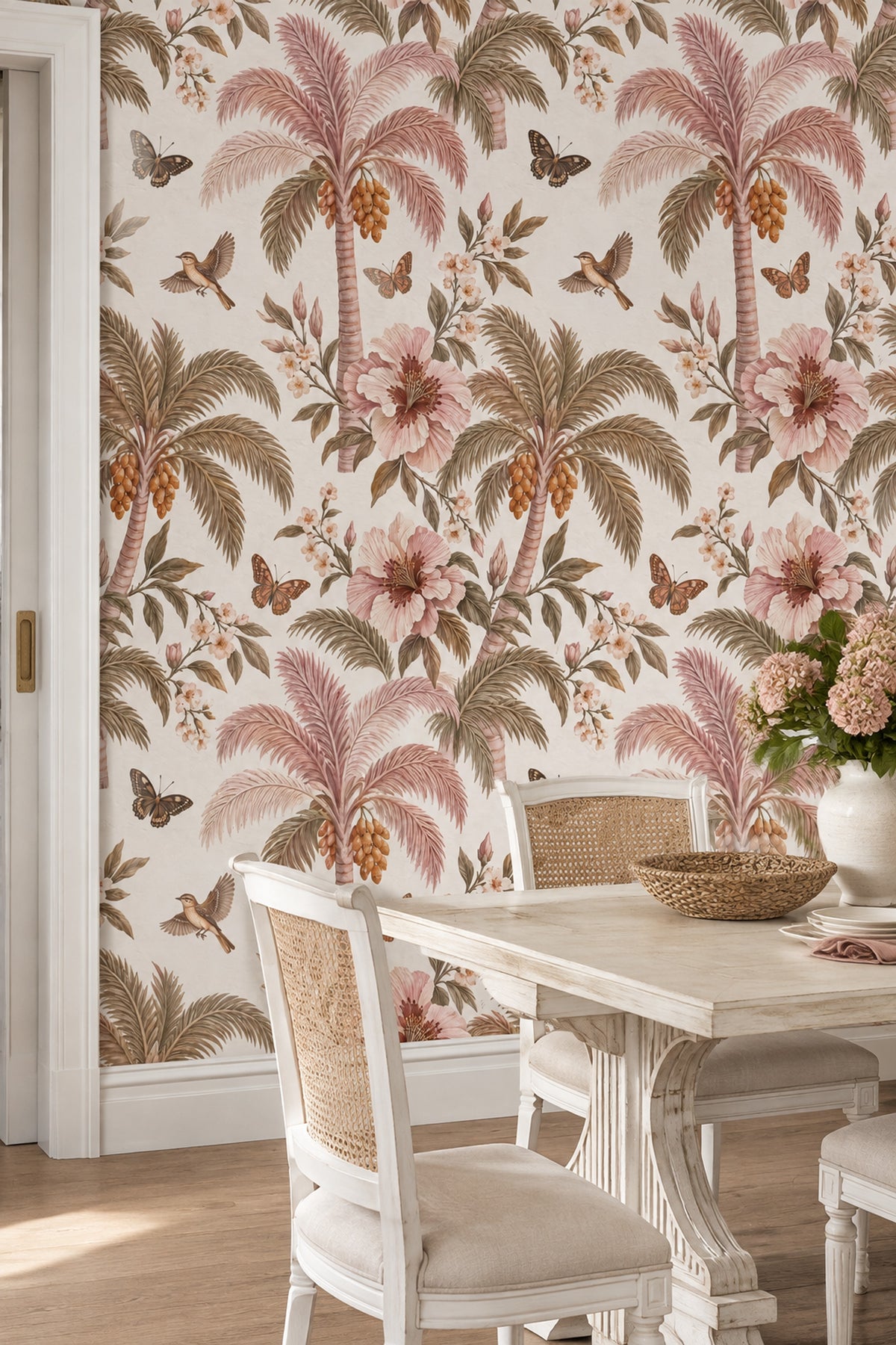 Blush Tropical Botanical Wallpaper Vintage Inspired Florals With Butterflies