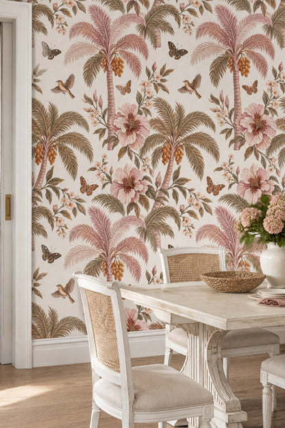 Blush Tropical Botanical Wallpaper Vintage Inspired Florals With Butterflies