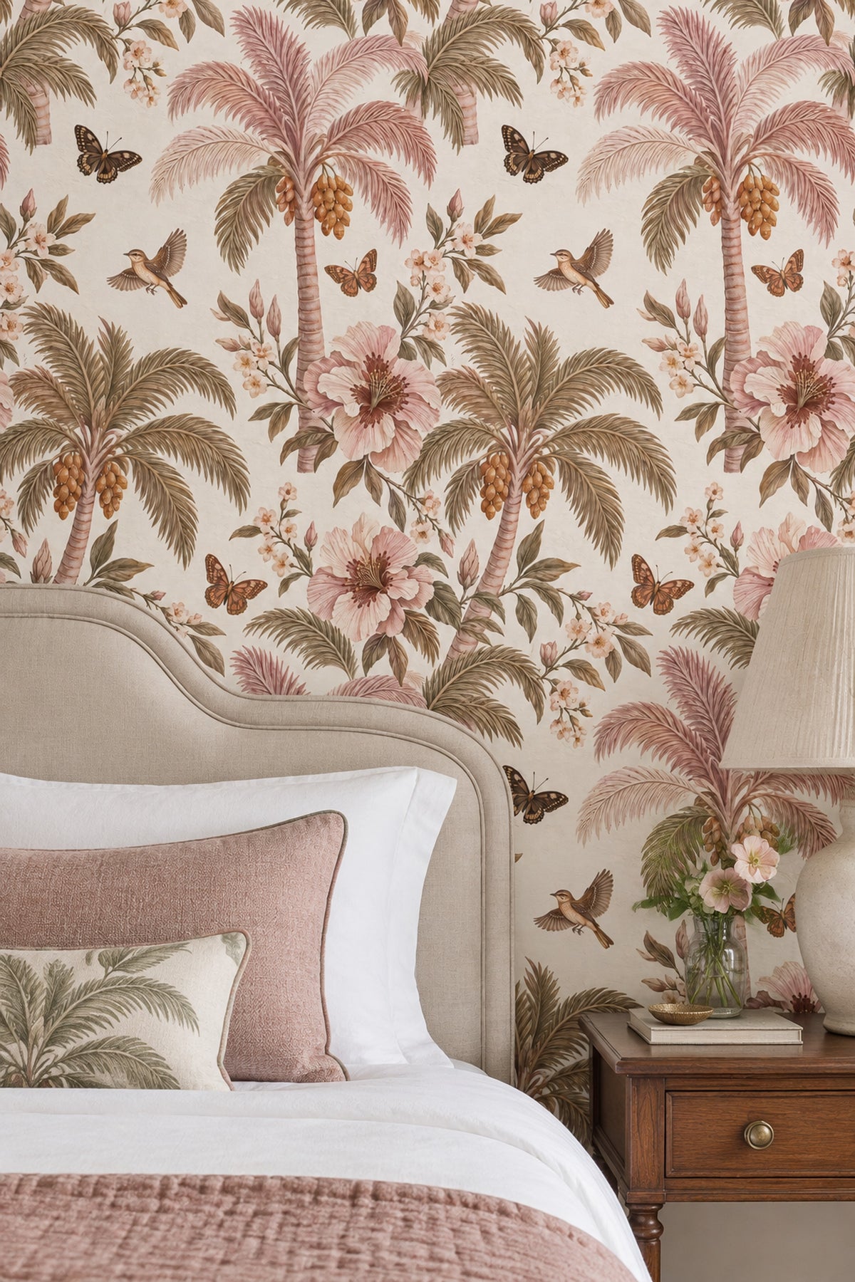 Blush Tropical Botanical Wallpaper Vintage Inspired Florals With Butterflies