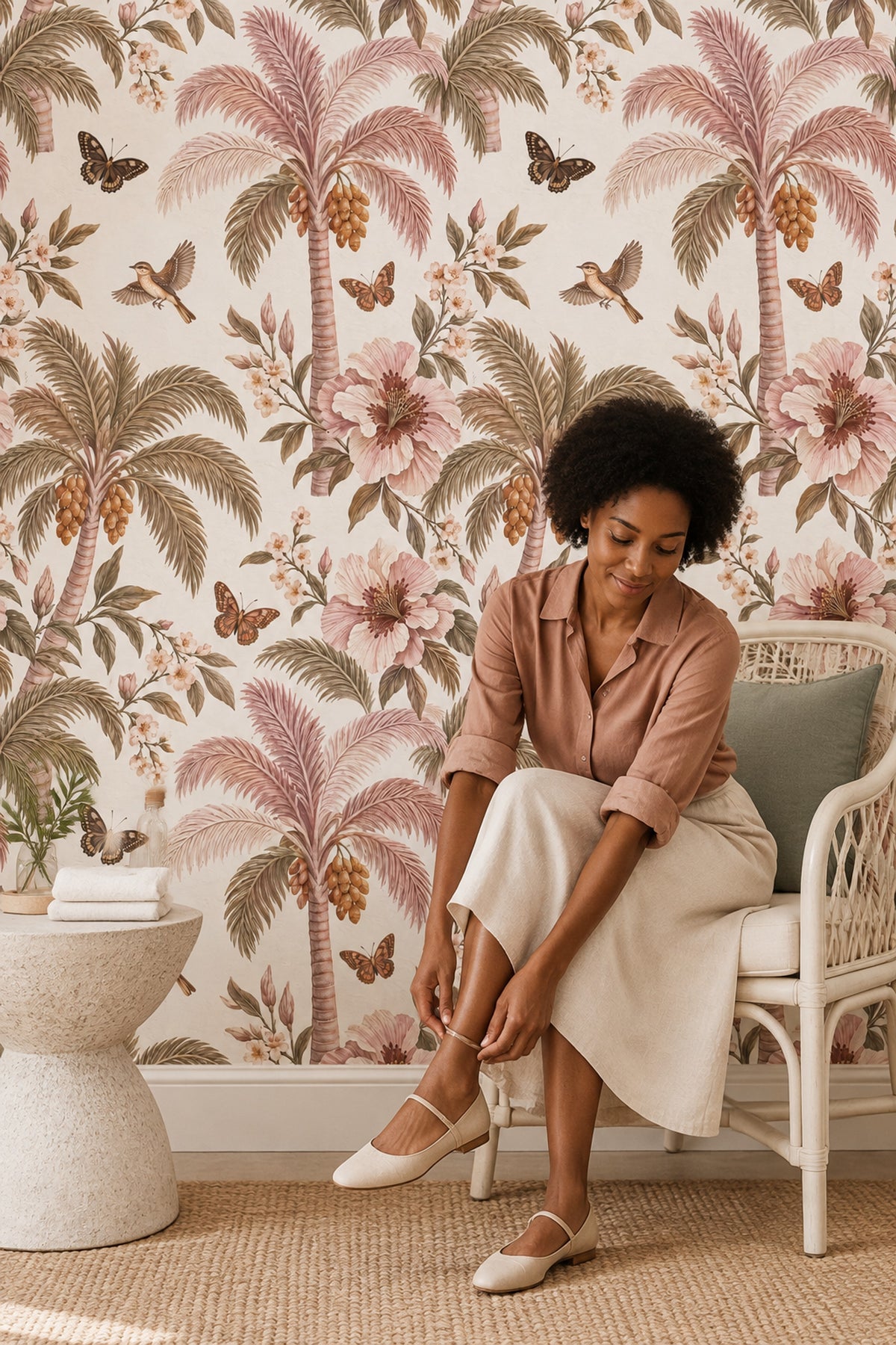 Blush Tropical Botanical Wallpaper Vintage Inspired Florals With Butterflies
