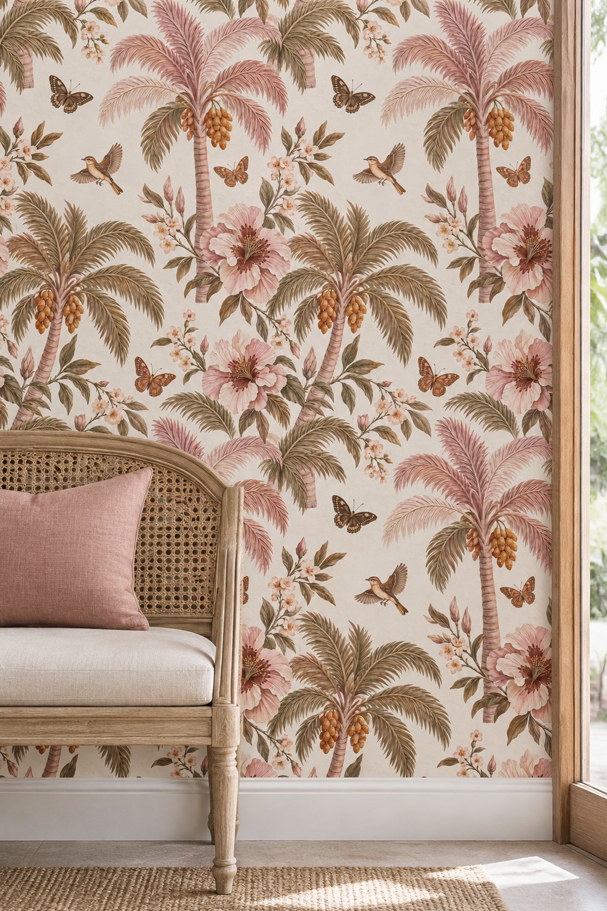 Blush Tropical Botanical Wallpaper Vintage Inspired Florals With Butterflies