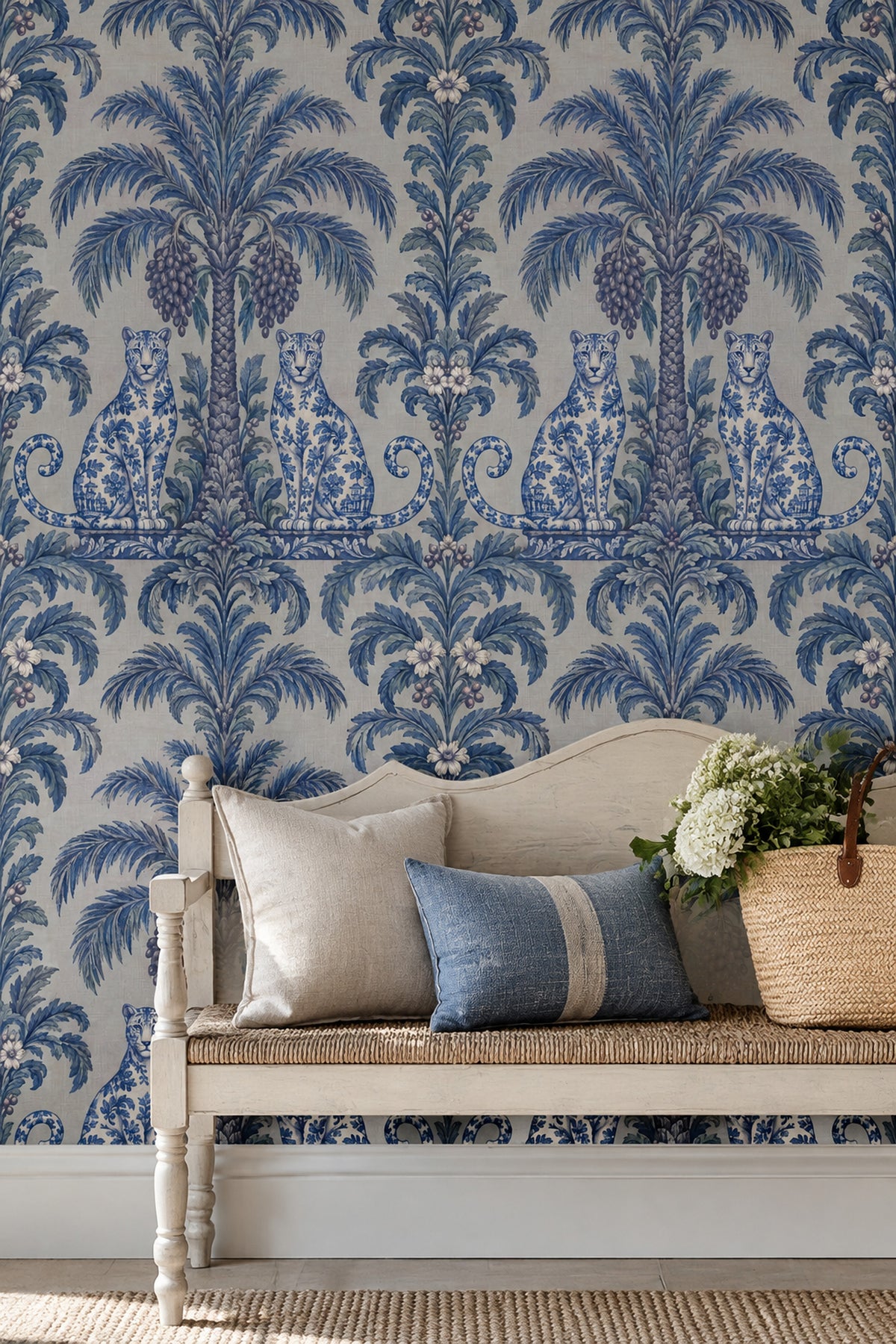 Palm Tree And Leopards Wallpaper Blue Toile On Linen Texture