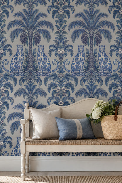 Palm Tree And Leopards Wallpaper Blue Toile On Linen Texture