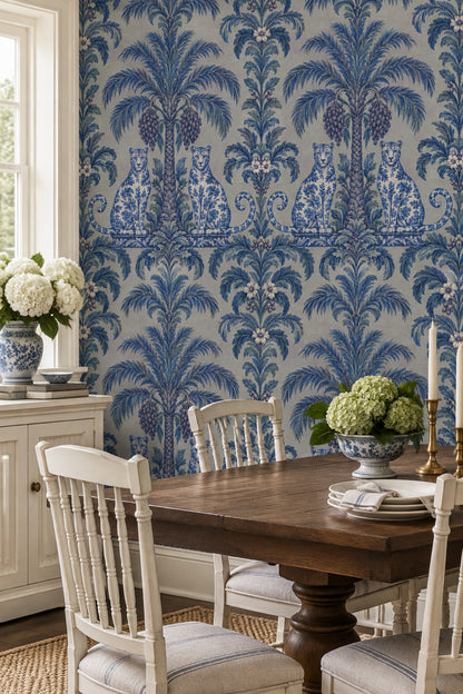 Palm Tree And Leopards Wallpaper Blue Toile On Linen Texture