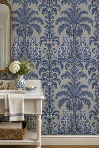 Palm Tree And Leopards Wallpaper Blue Toile On Linen Texture