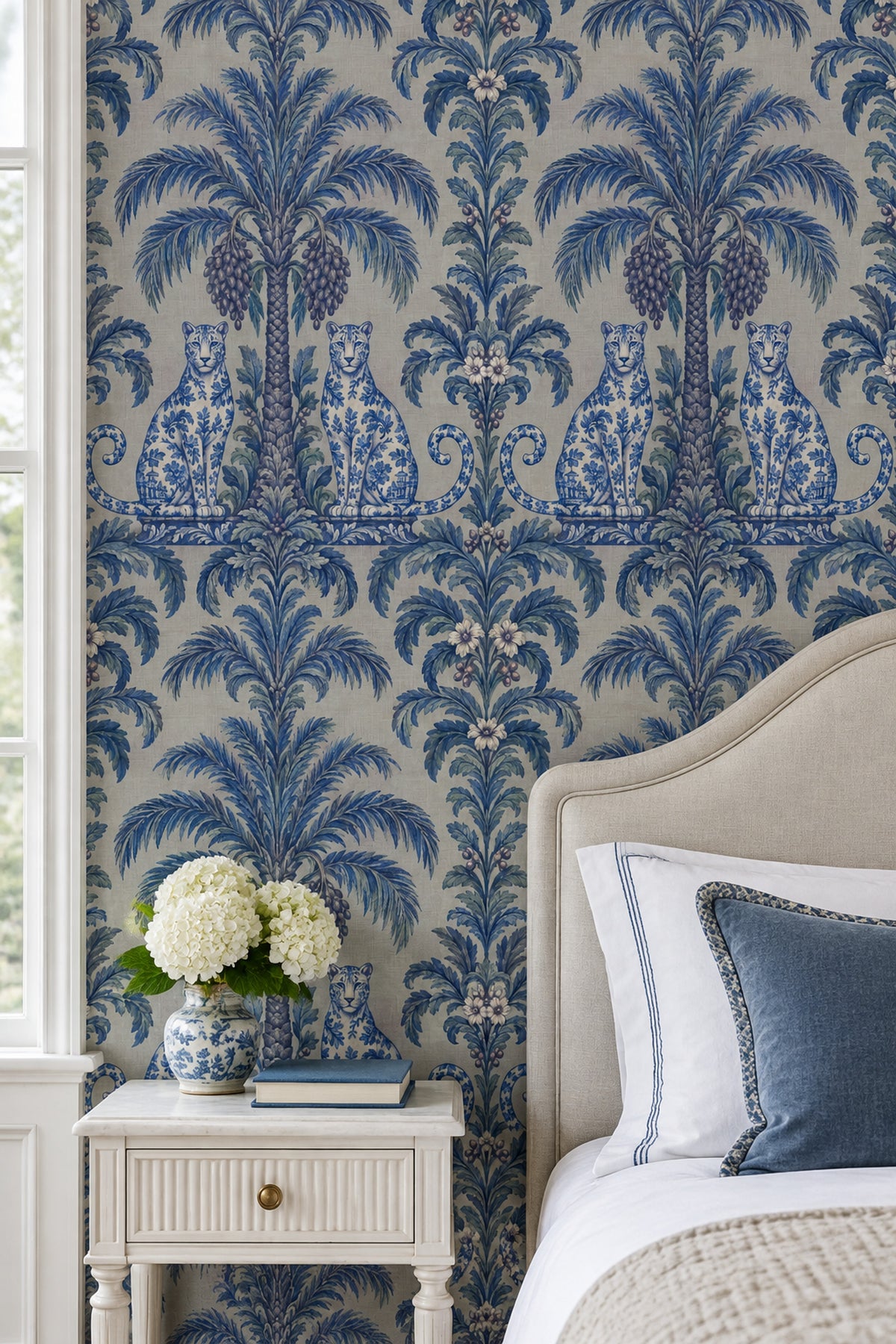 Palm Tree And Leopards Wallpaper Blue Toile On Linen Texture