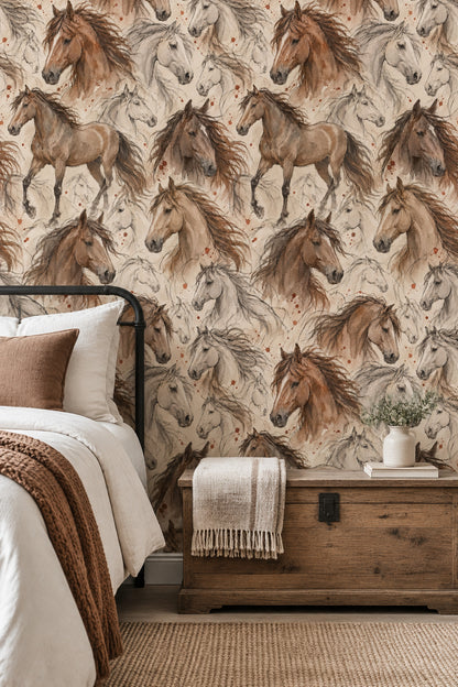 Watercolor Horses Wallpaper Beige Rustic Sketch Pattern