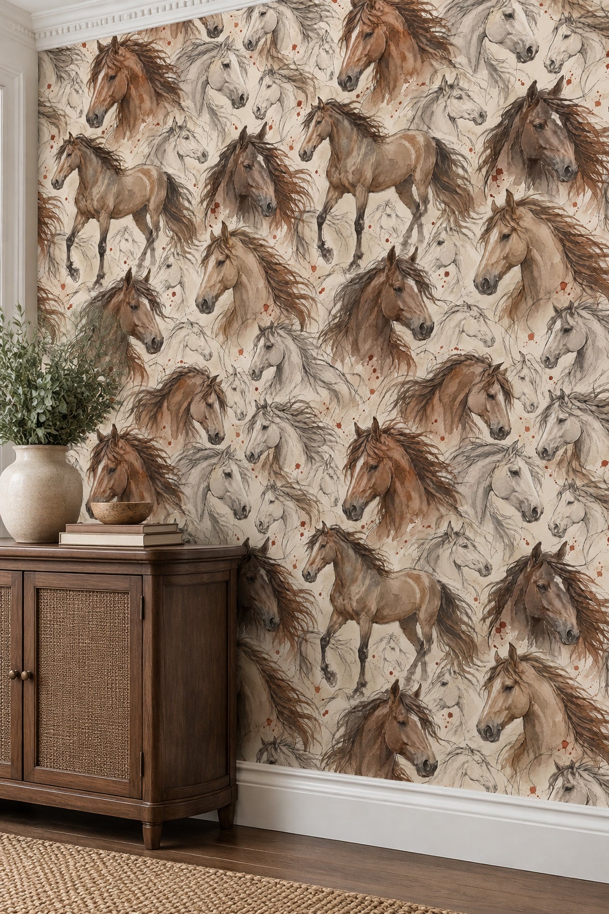 Watercolor Horses Wallpaper Beige Rustic Sketch Pattern
