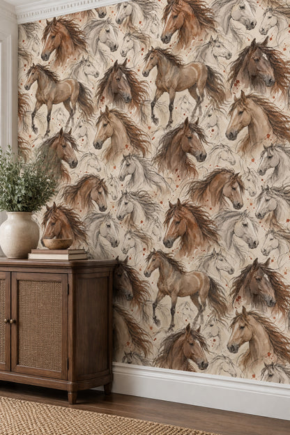 Watercolor Horses Wallpaper Beige Rustic Sketch Pattern