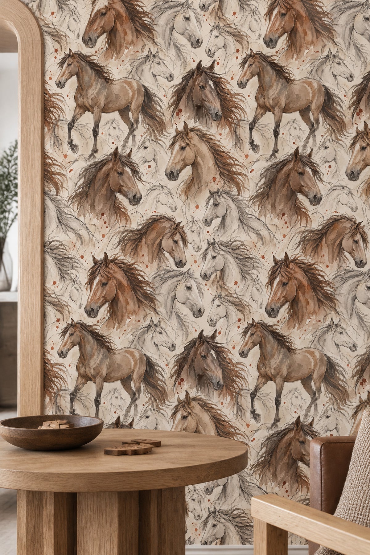 Watercolor Horses Wallpaper Beige Rustic Sketch Pattern
