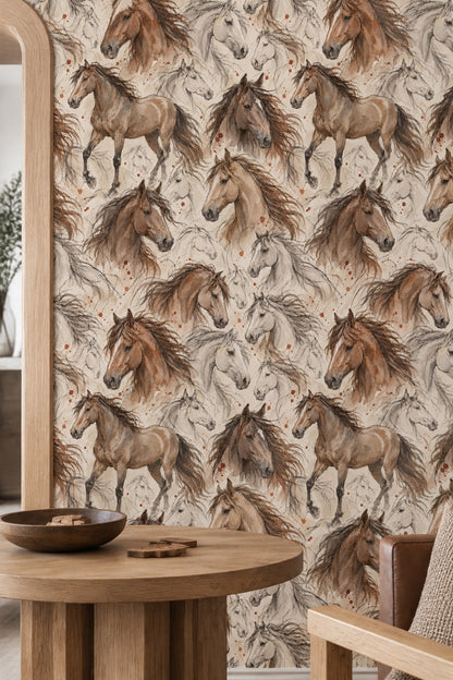 Watercolor Horses Wallpaper Beige Rustic Sketch Pattern