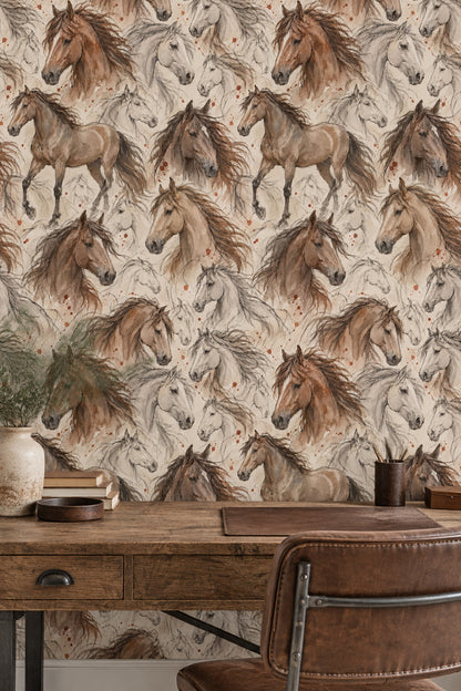 Watercolor Horses Wallpaper Beige Rustic Sketch Pattern
