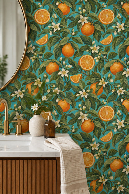 Orange Branches Wallpaper Vintage Inspired Tropical Turquoise Botanical