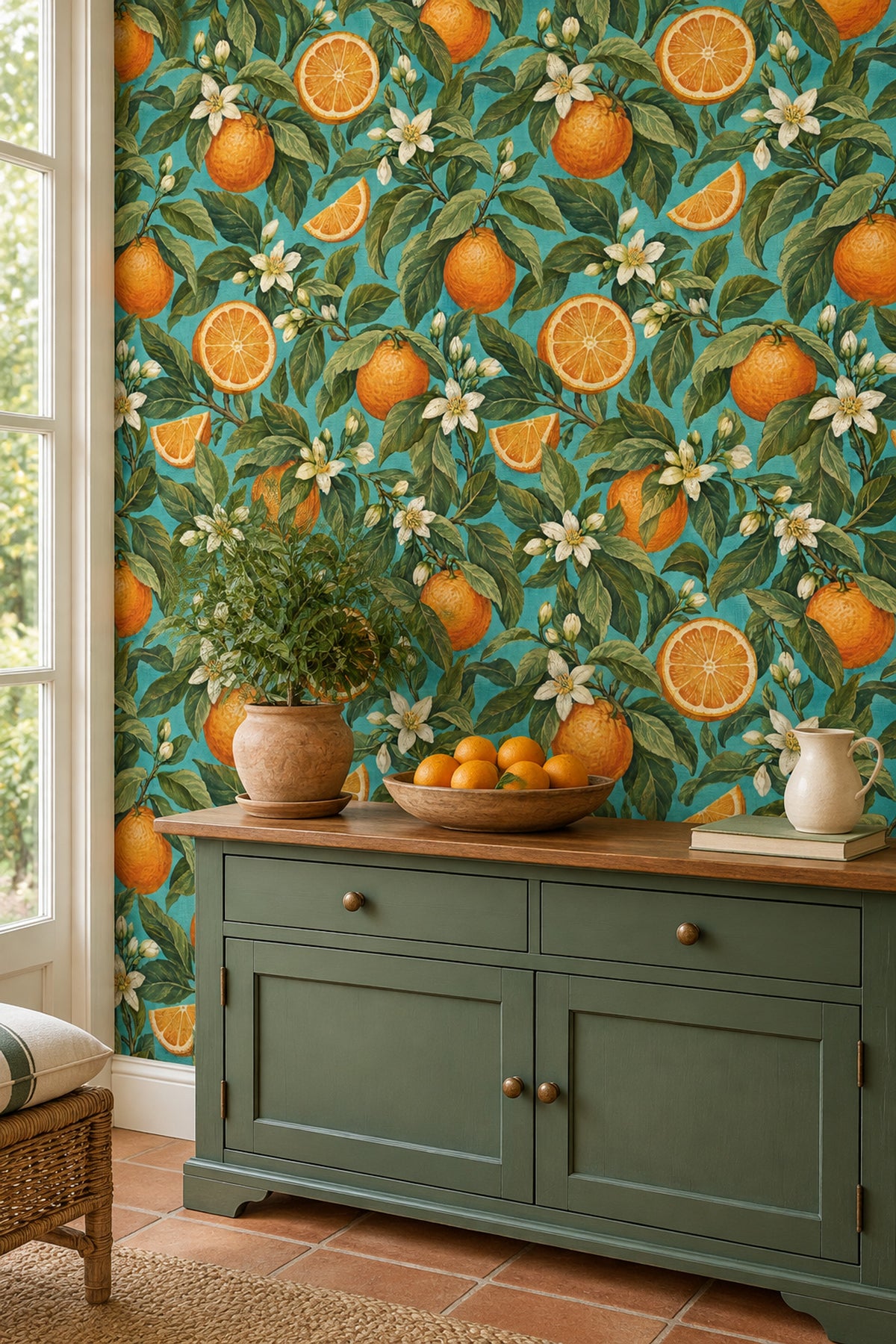 Orange Branches Wallpaper Vintage Inspired Tropical Turquoise Botanical