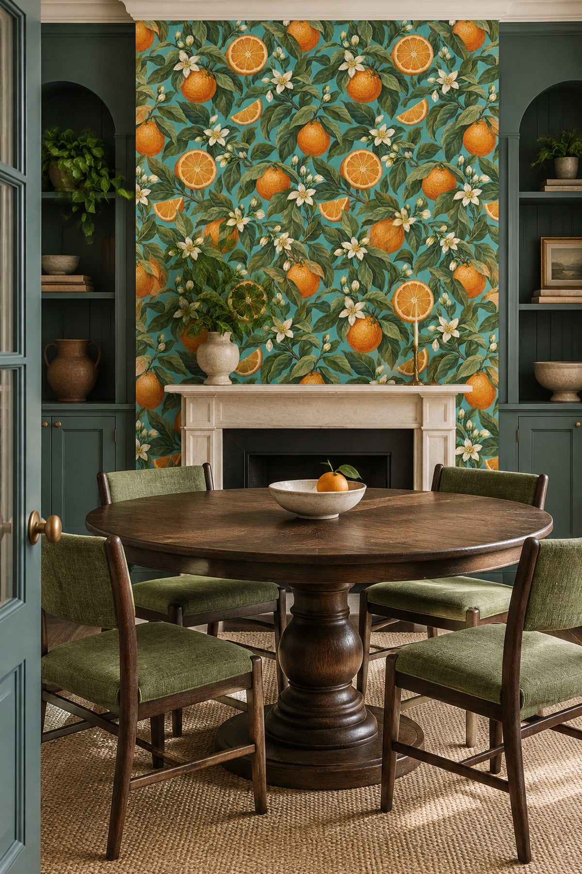 Orange Branches Wallpaper Vintage Inspired Tropical Turquoise Botanical