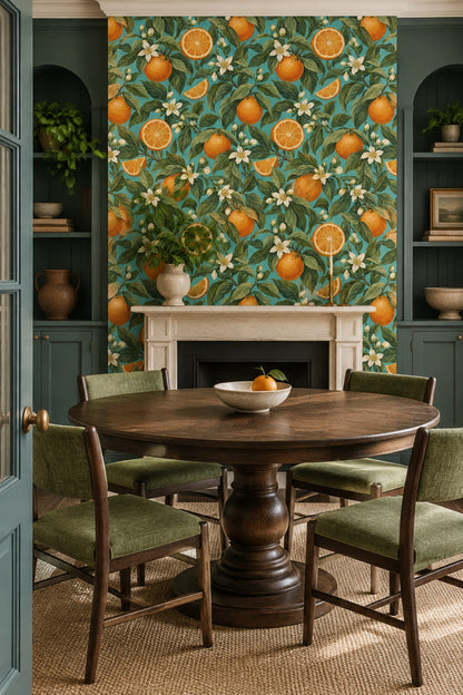 Orange Branches Wallpaper Vintage Inspired Tropical Turquoise Botanical