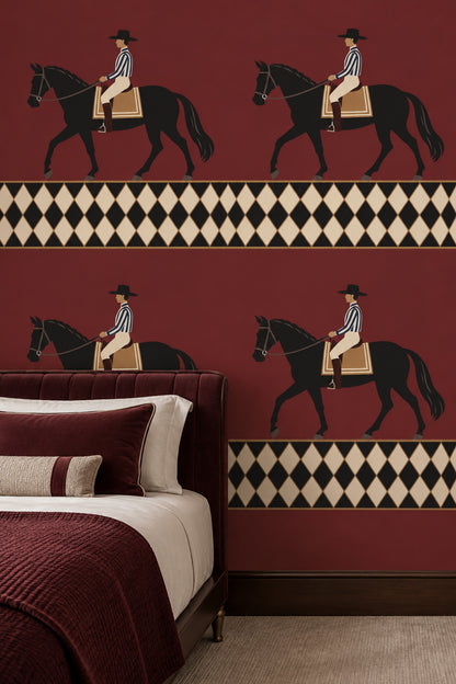 Horse Rider Wallpaper Burgundy Field With Geometric Border