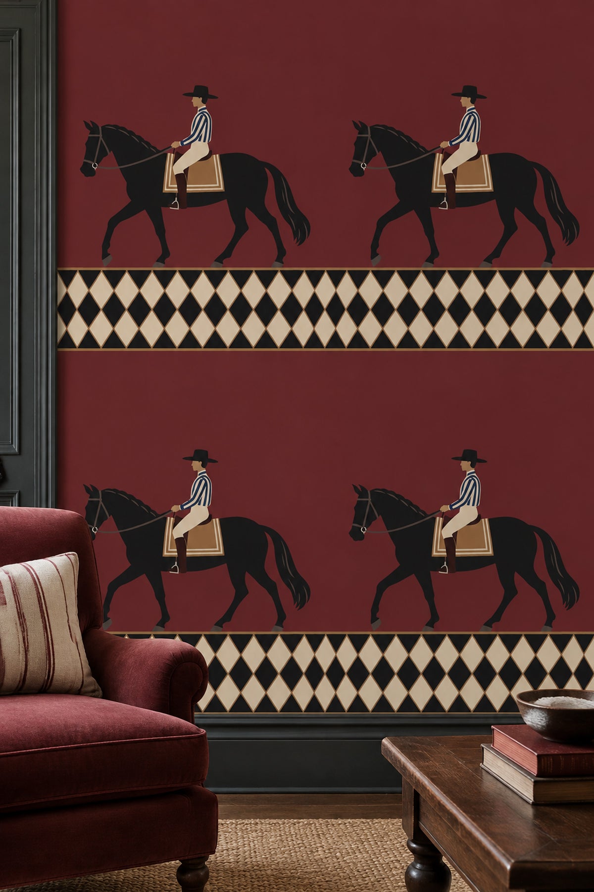 Horse Rider Wallpaper Burgundy Field With Geometric Border