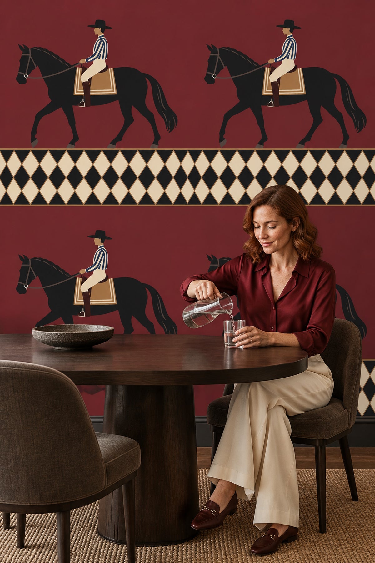 Horse Rider Wallpaper Burgundy Field With Geometric Border