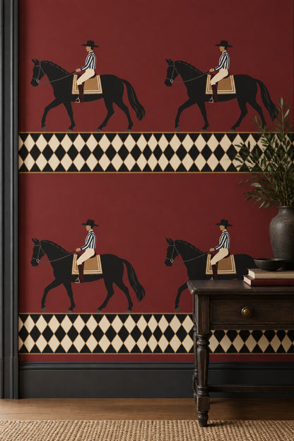 Horse Rider Wallpaper Burgundy Field With Geometric Border