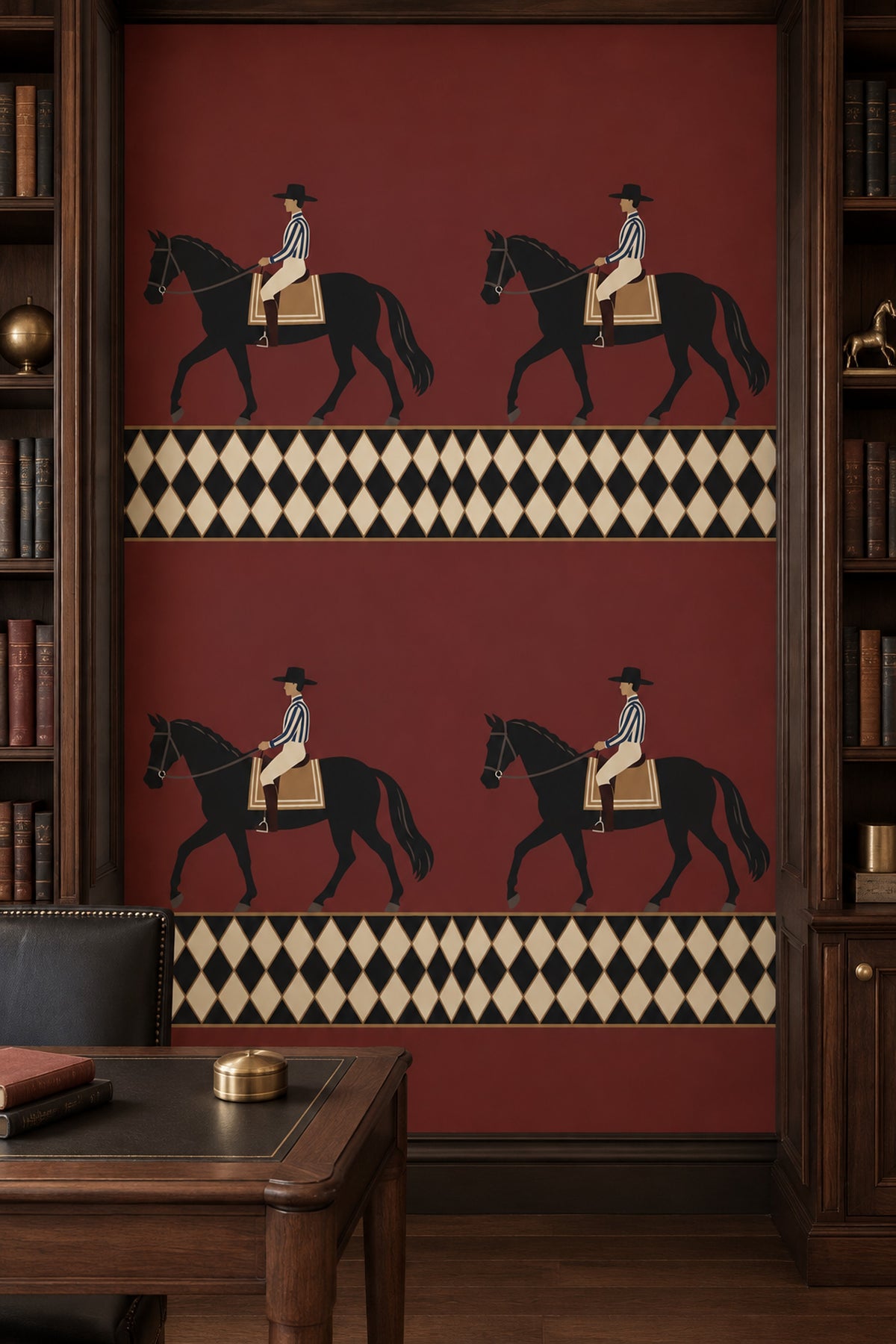 Horse Rider Wallpaper Burgundy Field With Geometric Border