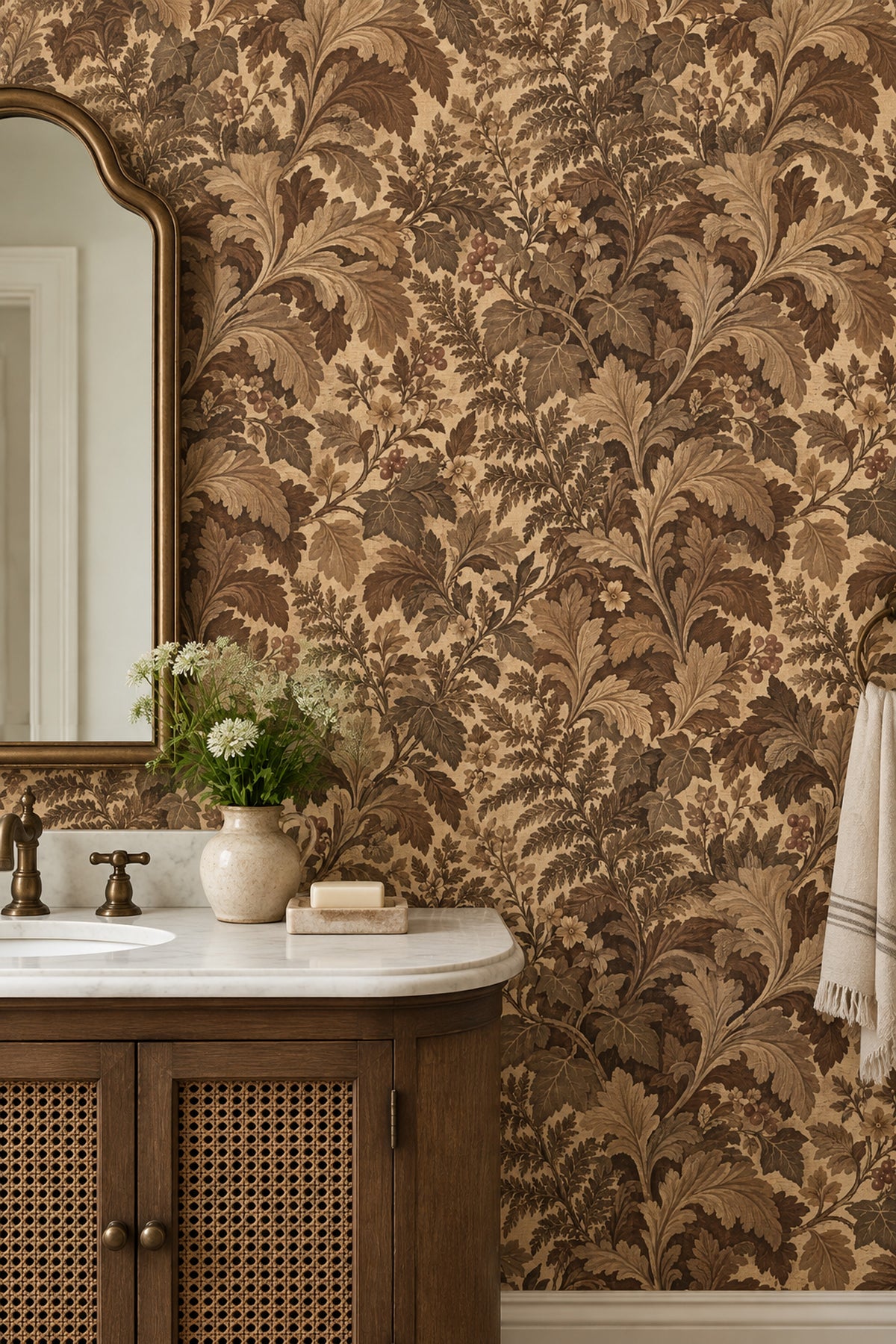 Acanthus Leaves Wallpaper Traditional Brown Botanical On Textured Cream