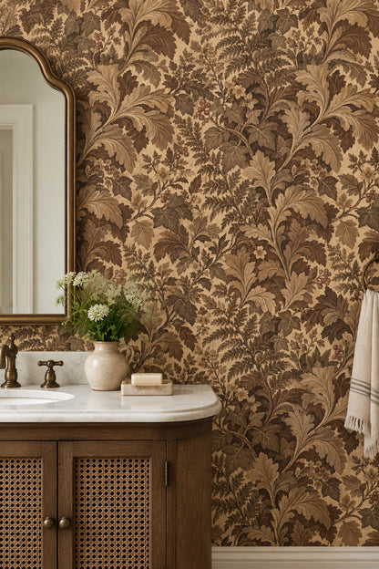 Acanthus Leaves Wallpaper Traditional Brown Botanical On Textured Cream